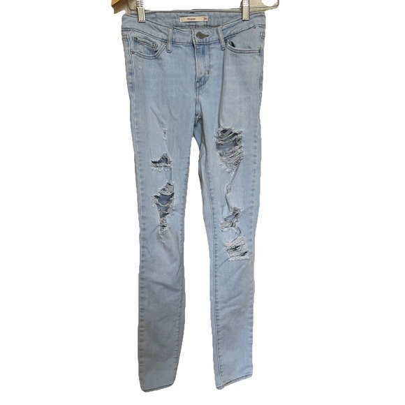 Levis 711 Jeans Womens 24 Blue Skinny Low Rise Stretch Light Wash Ripped Denim‎ - Picture 1 of 7